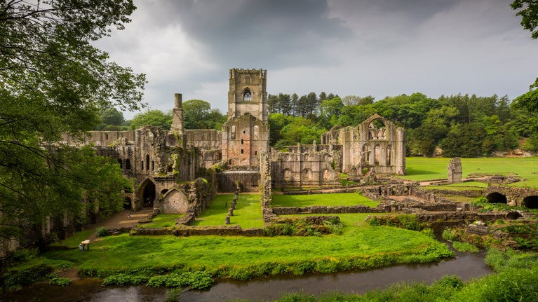 View of the ruins at Fountains Abbey and Studley Royal, Yorkshire